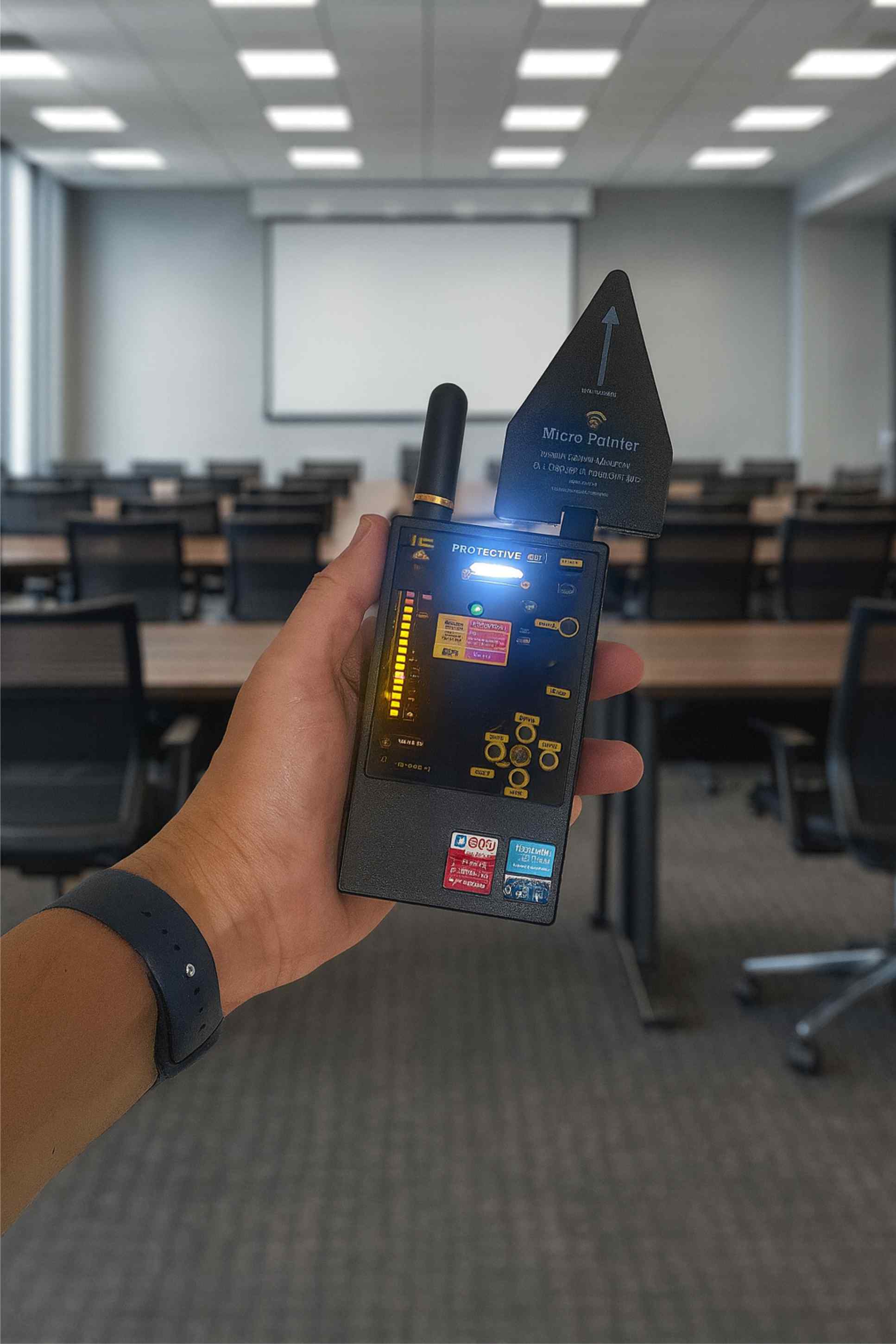 Technik-Experte scannt einen Konferenzraum mit Spektrumanalysator