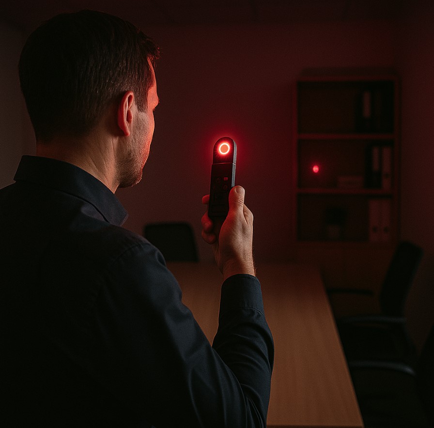Optische Linsensuche im dunklen Raum – rotes Reflexionssignal