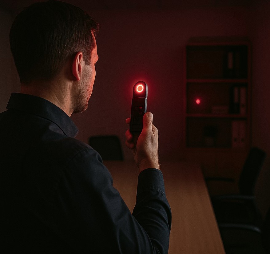 Lauschabwehr – Wohnung mit Detektor, Deckenlampe und Router im Blick