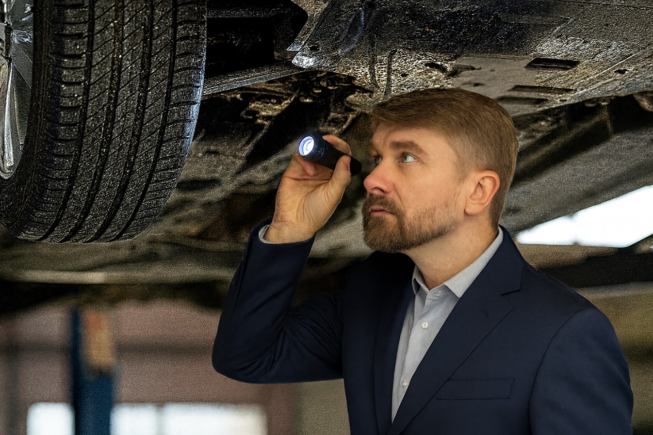 GPS-Tracker-Suche am Fahrzeugunterboden mit Taschenlampe