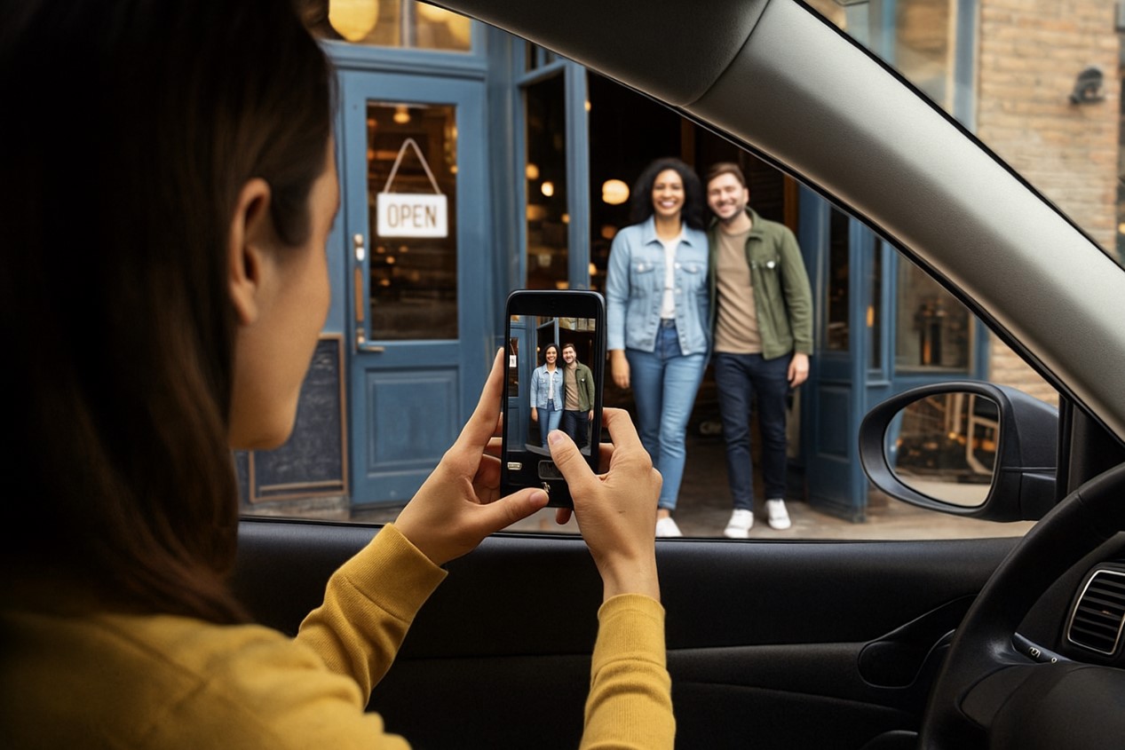 Ein Privatdetektiv fotografiert unauffällig aus einem Auto heraus, um Beweise zu sichern.