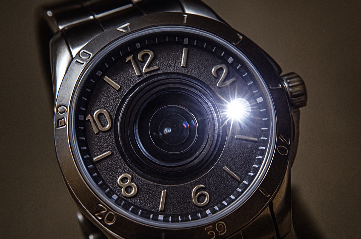 Taschenlampen-Reflex auf kleiner Kameralinse in einer Uhr