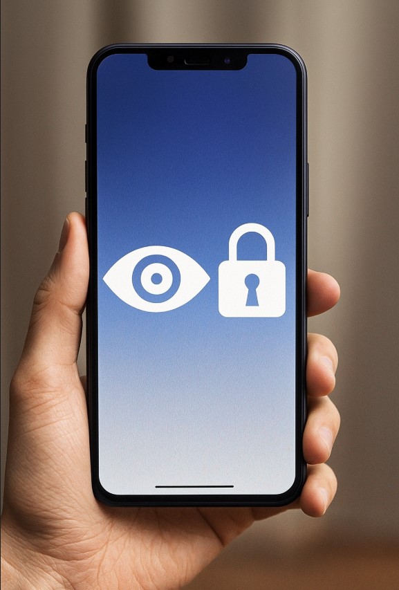 Hand hält ein Smartphone mit Auge- bzw. Schloss-Symbol