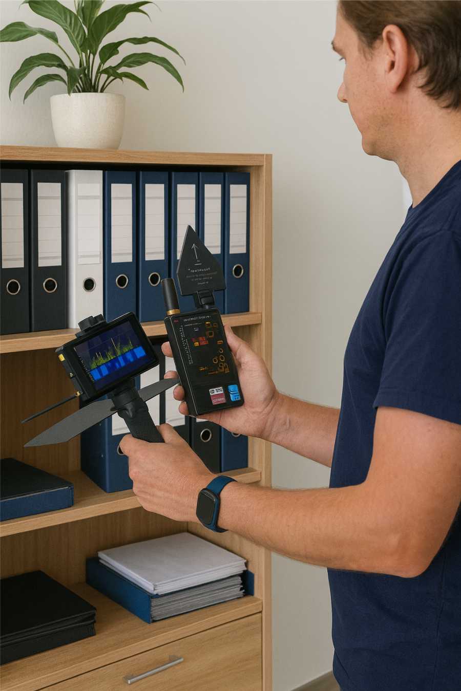 Lauschabwehr & Wanzensuche: Profi untersucht Innenraum mit Ausrüstung