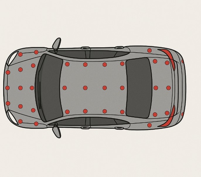 Карта точек замеров толщиномером: по пять точек на панель — углы и центр; обязательные зоны: стойки, пороги, крыша