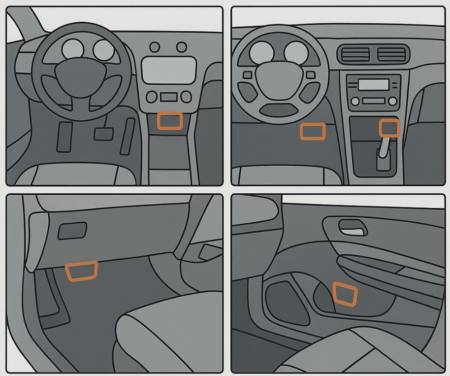 Расположение диагностического разъёма OBD-II: обычно под рулевой колонкой, слева у коленей водителя