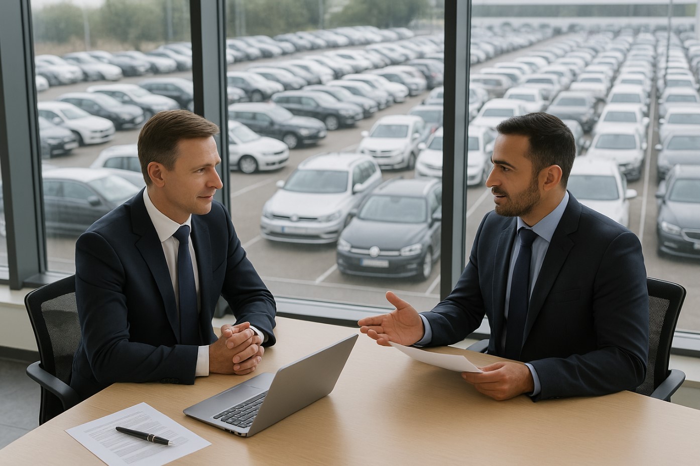Покупатель обсуждает условия гарантии подержанного авто с дилером в Германии