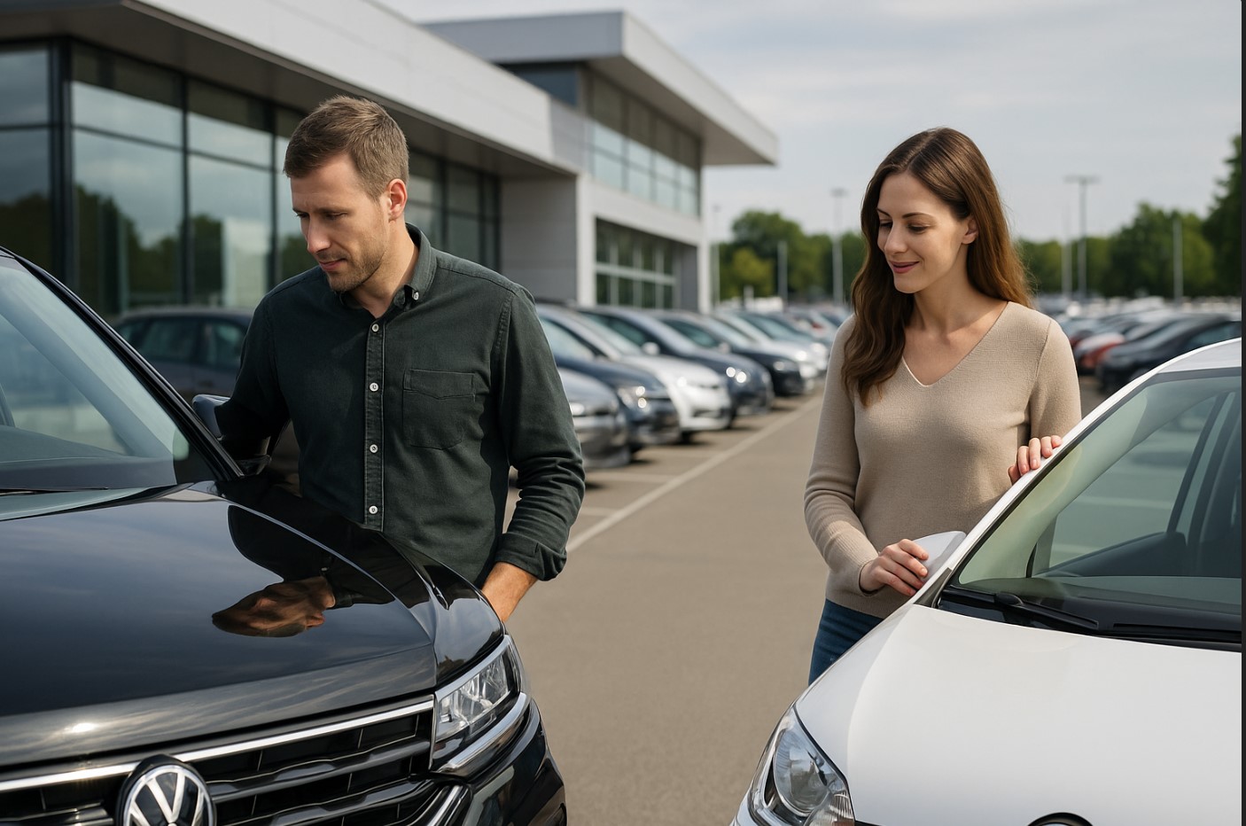 Man and woman choosing a used car together on a forecourt in Germany
