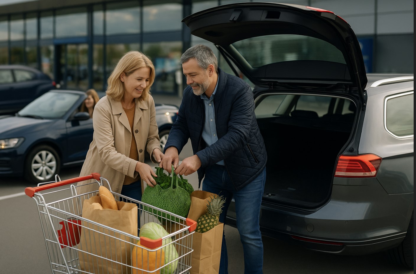 Younger and older driver looking at a used car on a forecourt in Germany